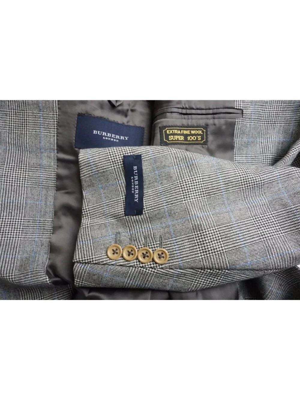 Burberry London Gray Blue Black Plaid Wool 2 Pc Suit Jacket Pant 56R EU NEW